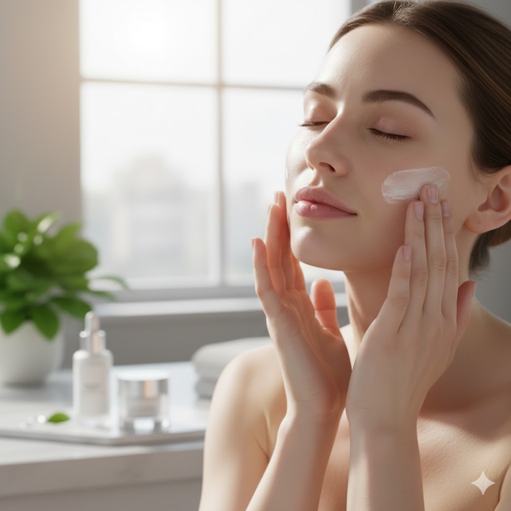 dermocosmético mulher passando creme