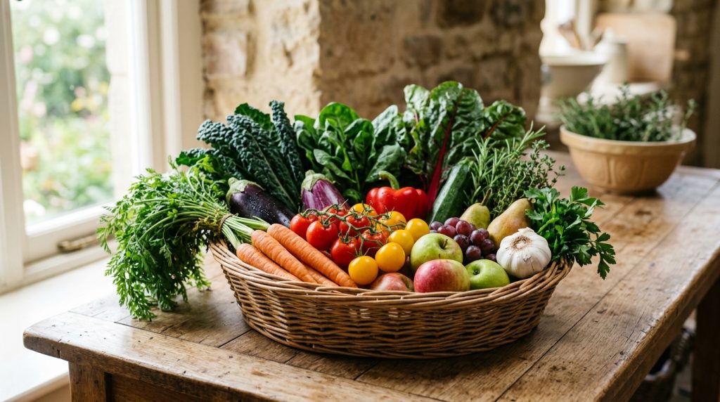 Cesta colorida com diversos vegetais frescos, frutas e legumes in natura sobre uma mesa de madeira.
