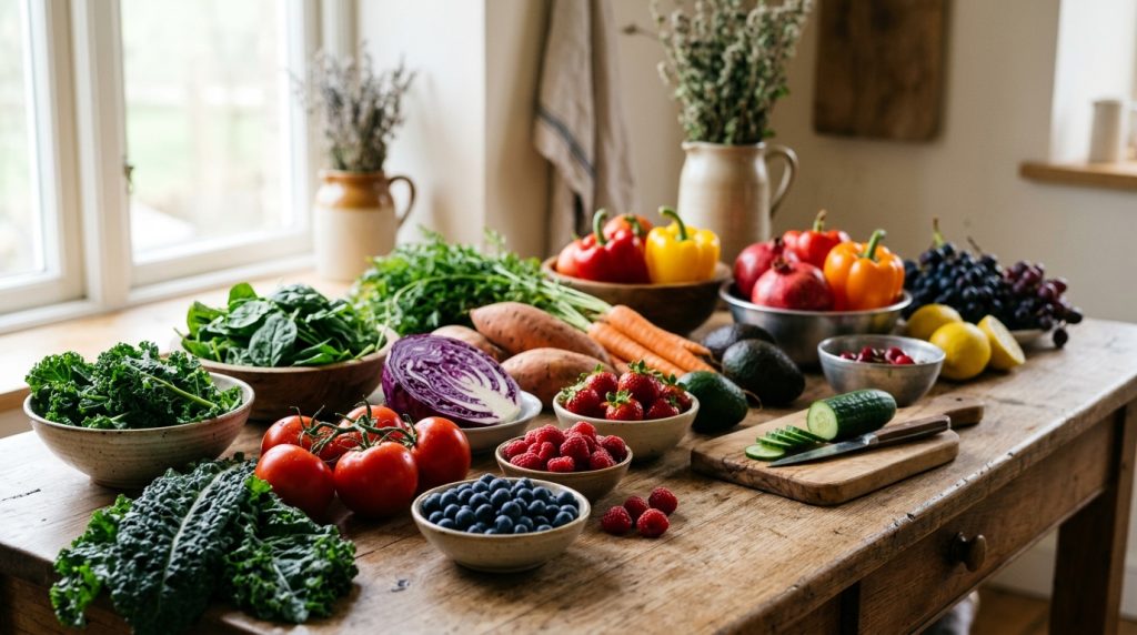 Variedade de vegetais coloridos e frutas frescas dispostos em uma mesa de madeira.