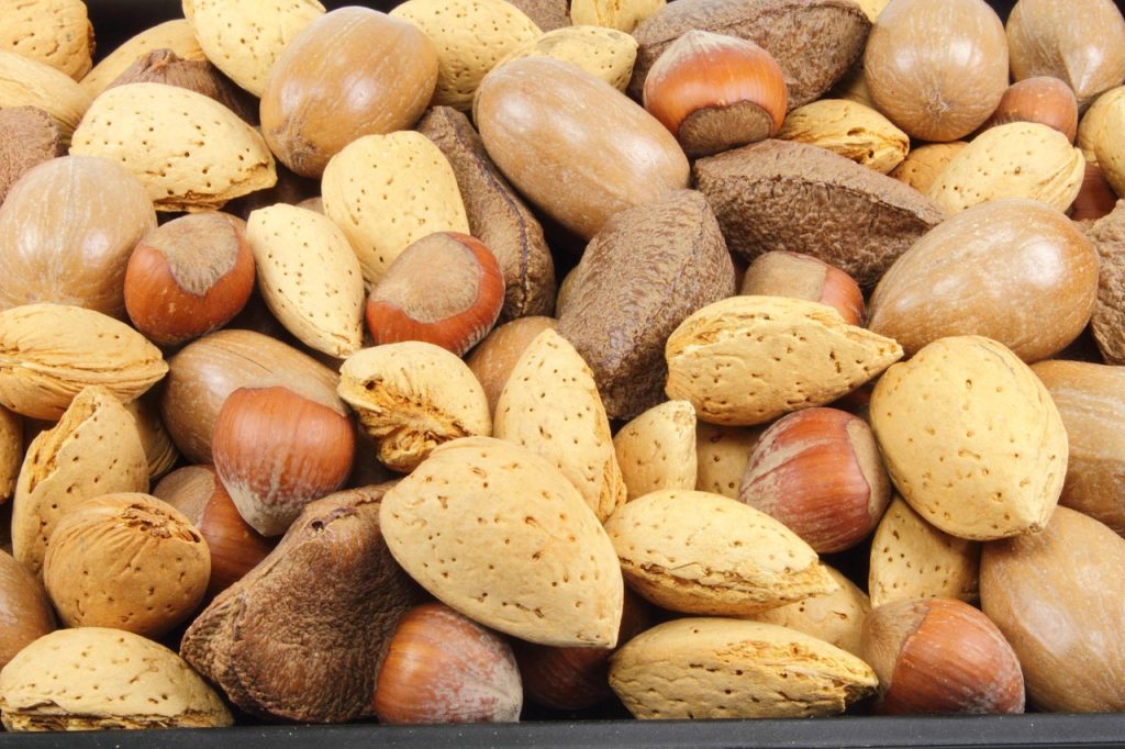Variedade de sementes oleaginosas e castanhas com casca em superfície escura.