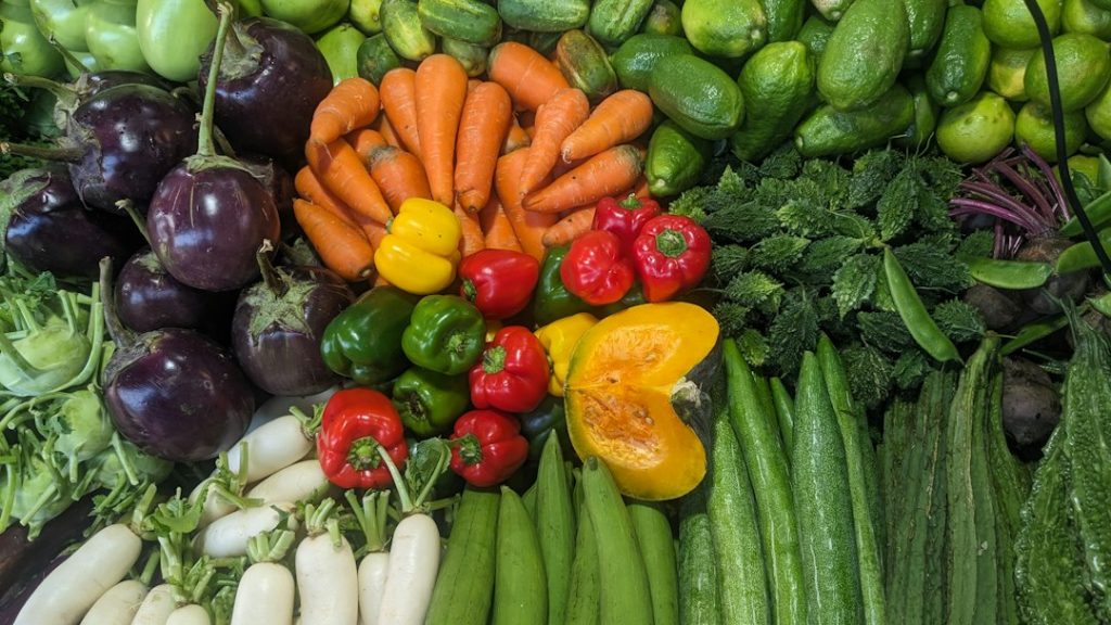 Variedade de vegetais e hortaliças frescos e coloridos, incluindo berinjelas, cenouras e pimentões.