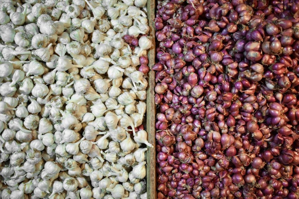 Compartimentos de madeira separados com alho branco fresco e cebola roxa.