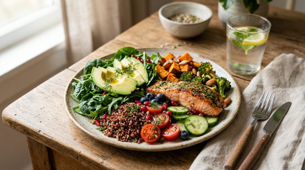Prato colorido com alimentos frescos e saudáveis que favorecem a nutrição e o bem-estar mental.