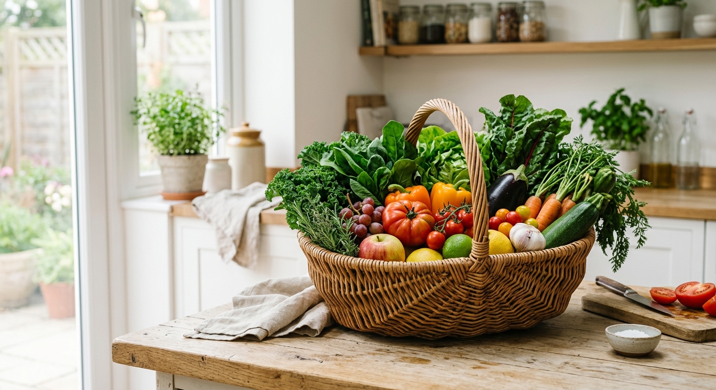 Cesta de vime cheia de vegetais coloridos e frutas frescas em uma bancada de cozinha iluminada.