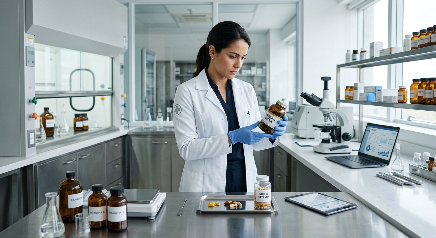 Farmacêutico em laboratório analítico conferindo a qualidade de insumos para manipulação.