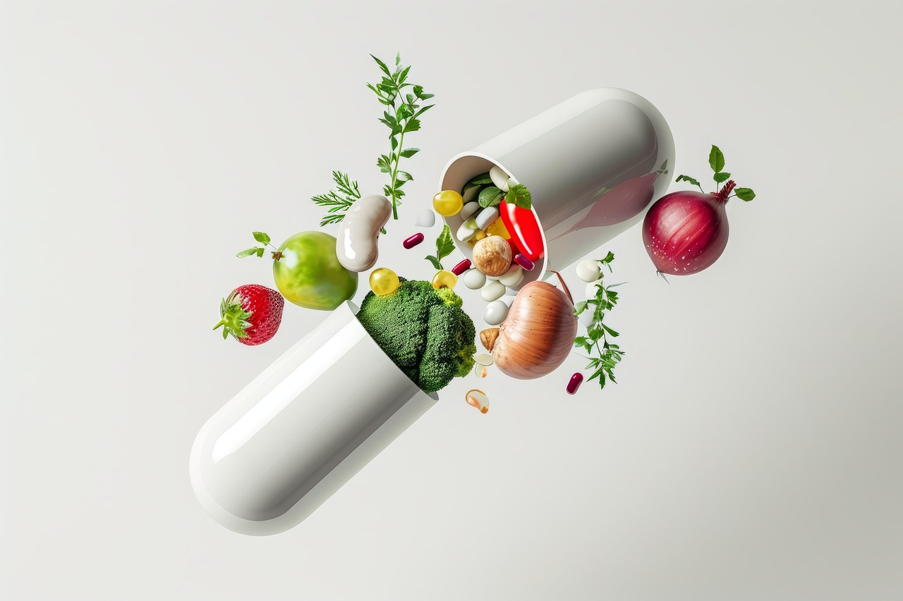 Cápsula farmacêutica aberta flutuando com alimentos frescos e comprimidos saindo de seu interior em fundo neutro.