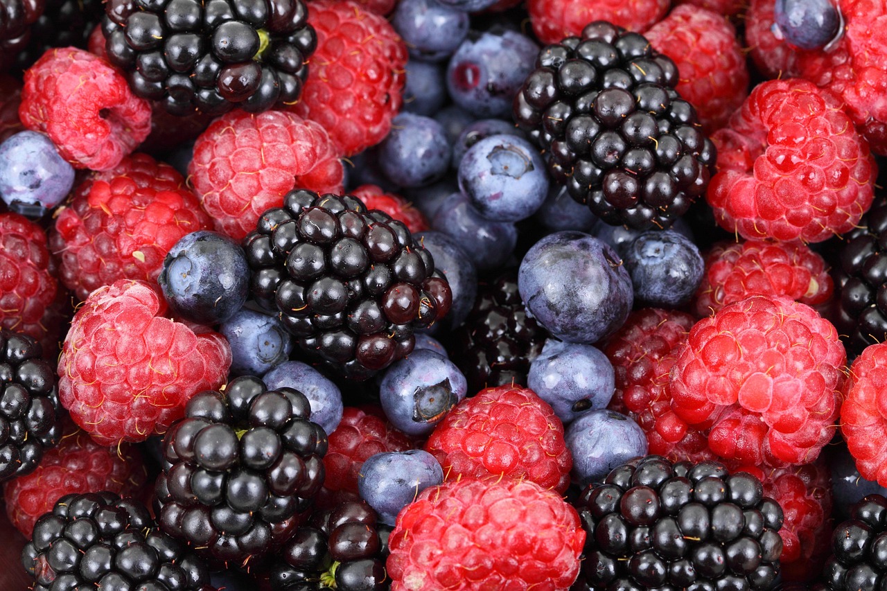 Close em tigela com frutas vermelhas e mirtilos frescos e brilhantes.