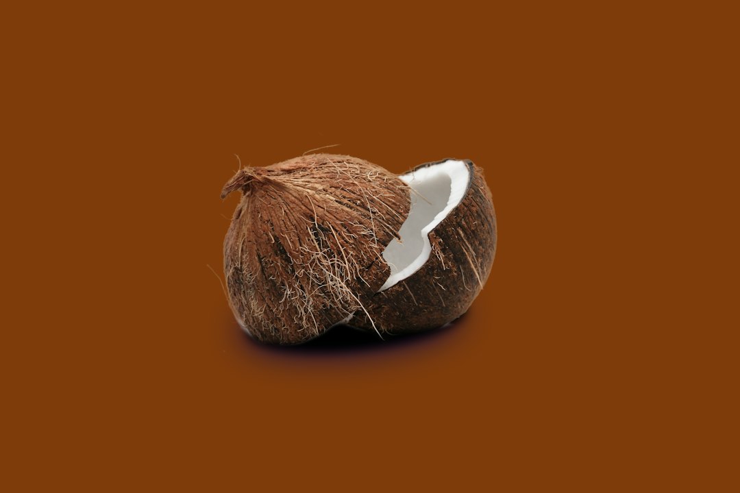 Coco fresco quebrado ao meio mostrando a polpa branca sobre fundo marrom.