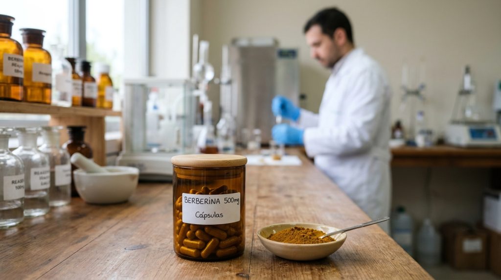 Cápsulas de fitoterápicos em pote de vidro em laboratório de farmácia